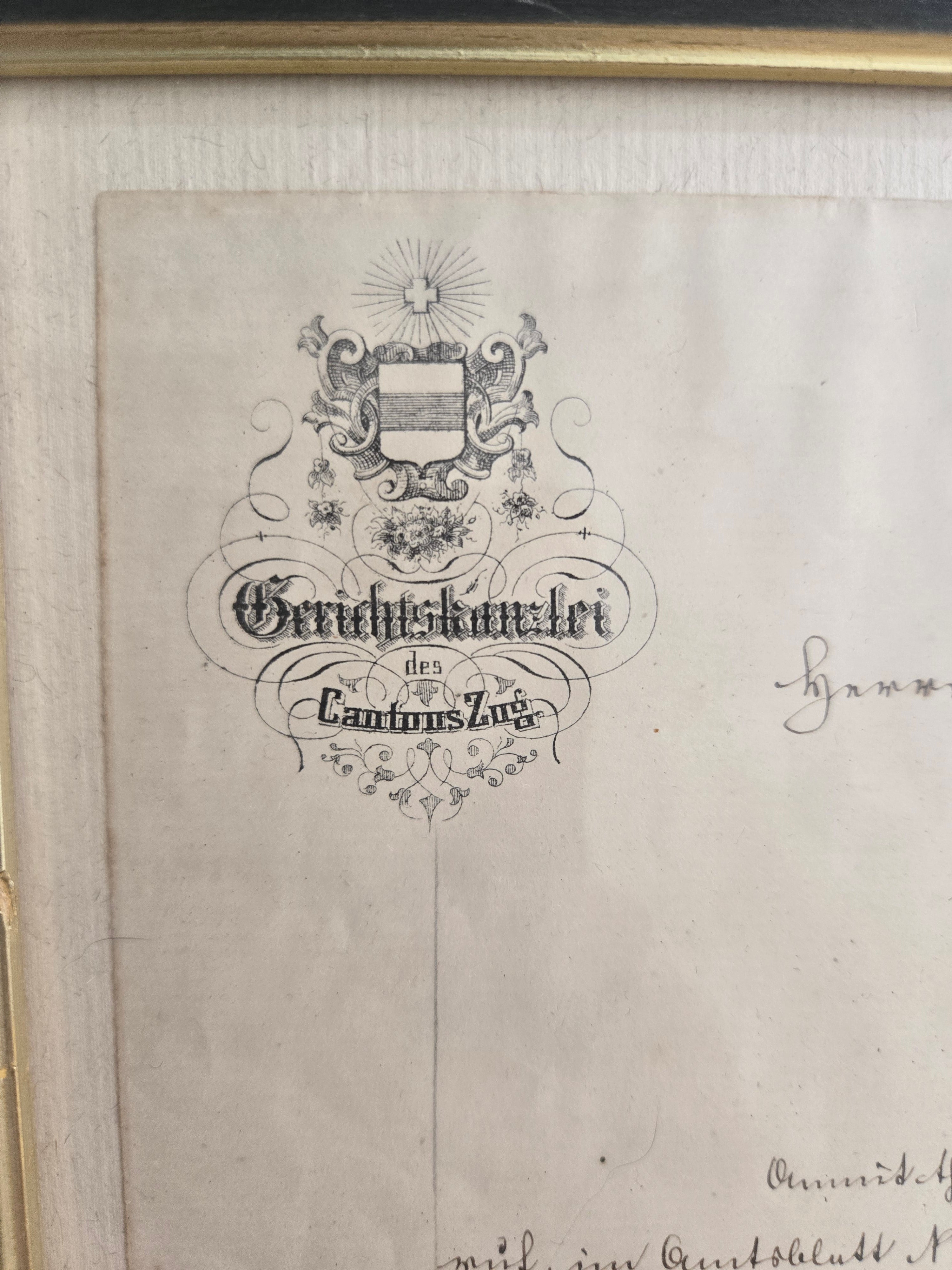 Gerichtskanzlei Kanton Zug Originalbrief 1875 Handgeschrieben Gerahmt