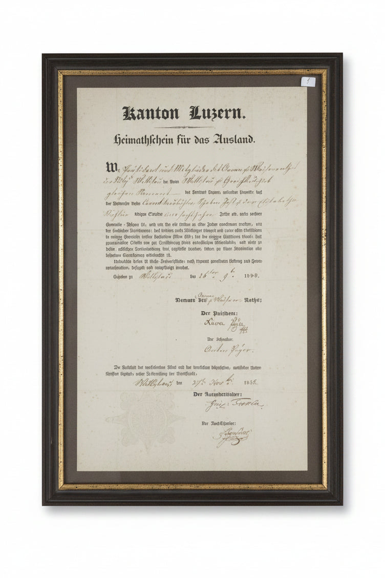 Heimathschein Luzern 1838 — Conrad Trübiffer