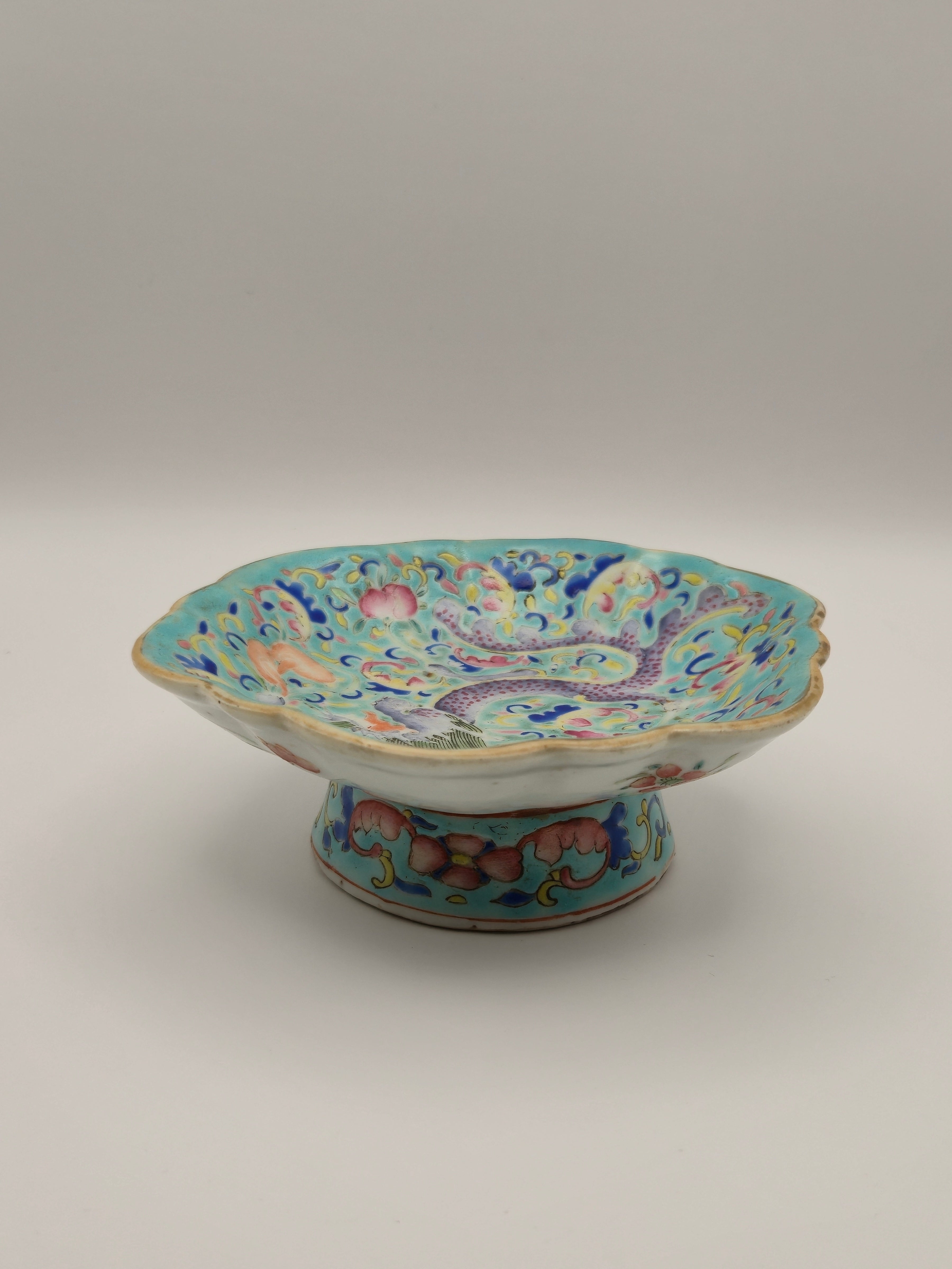 Chinesische Famille Rose Tazza Teller Drachen Turkis