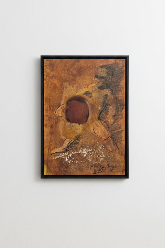Mischtechnik Figur mit echtem Holzstück Collage Ocker-Gold