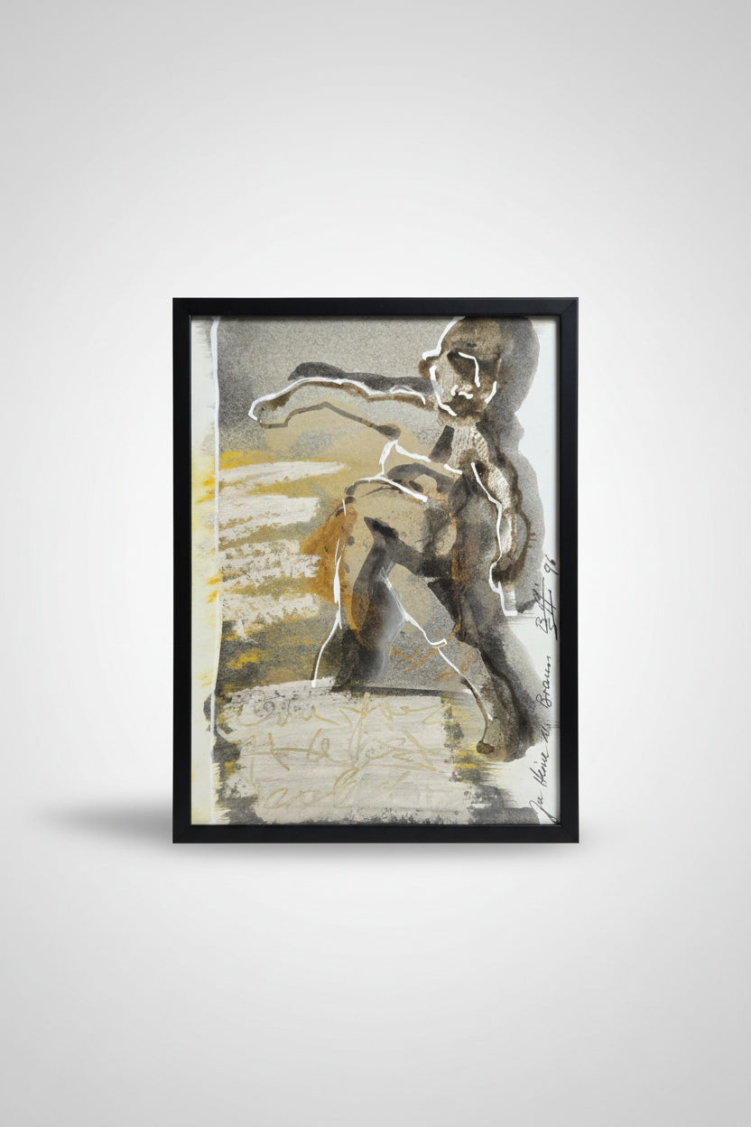 Mischtechnik Tanzende Figur Grau-Ocker mit Textfragment 1996