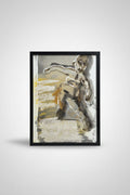 Mischtechnik Tanzende Figur Grau-Ocker mit Textfragment 1996