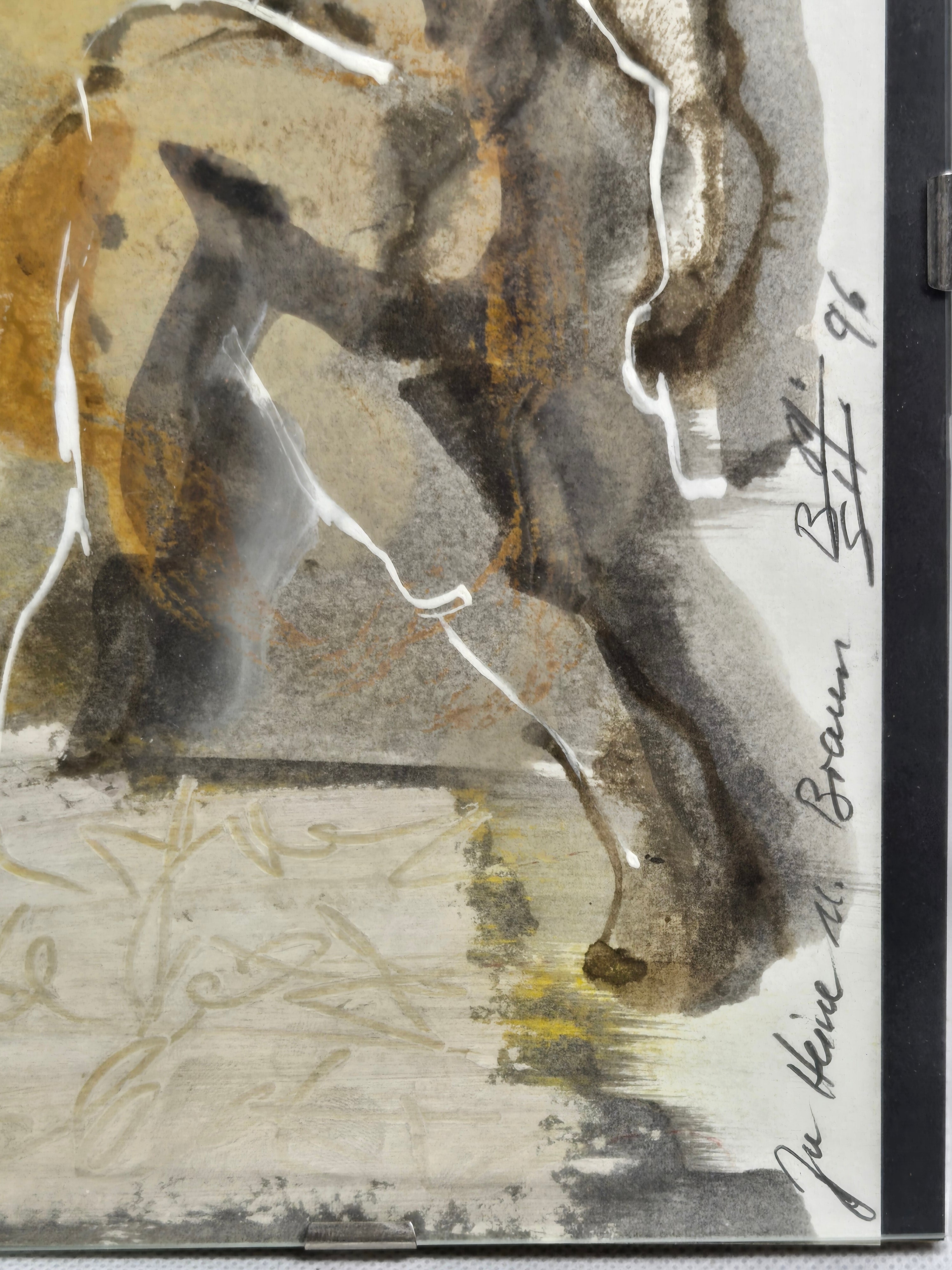 Mischtechnik Tanzende Figur Grau-Ocker mit Textfragment 1996
