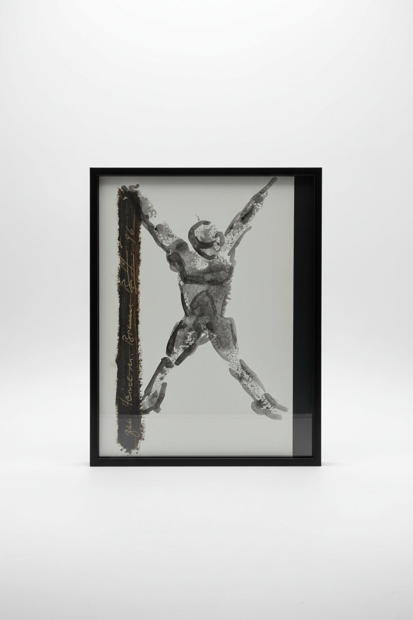 Mischtechnik Springende Figur X-Form Grau-Weiss Dunkler Balken 1996