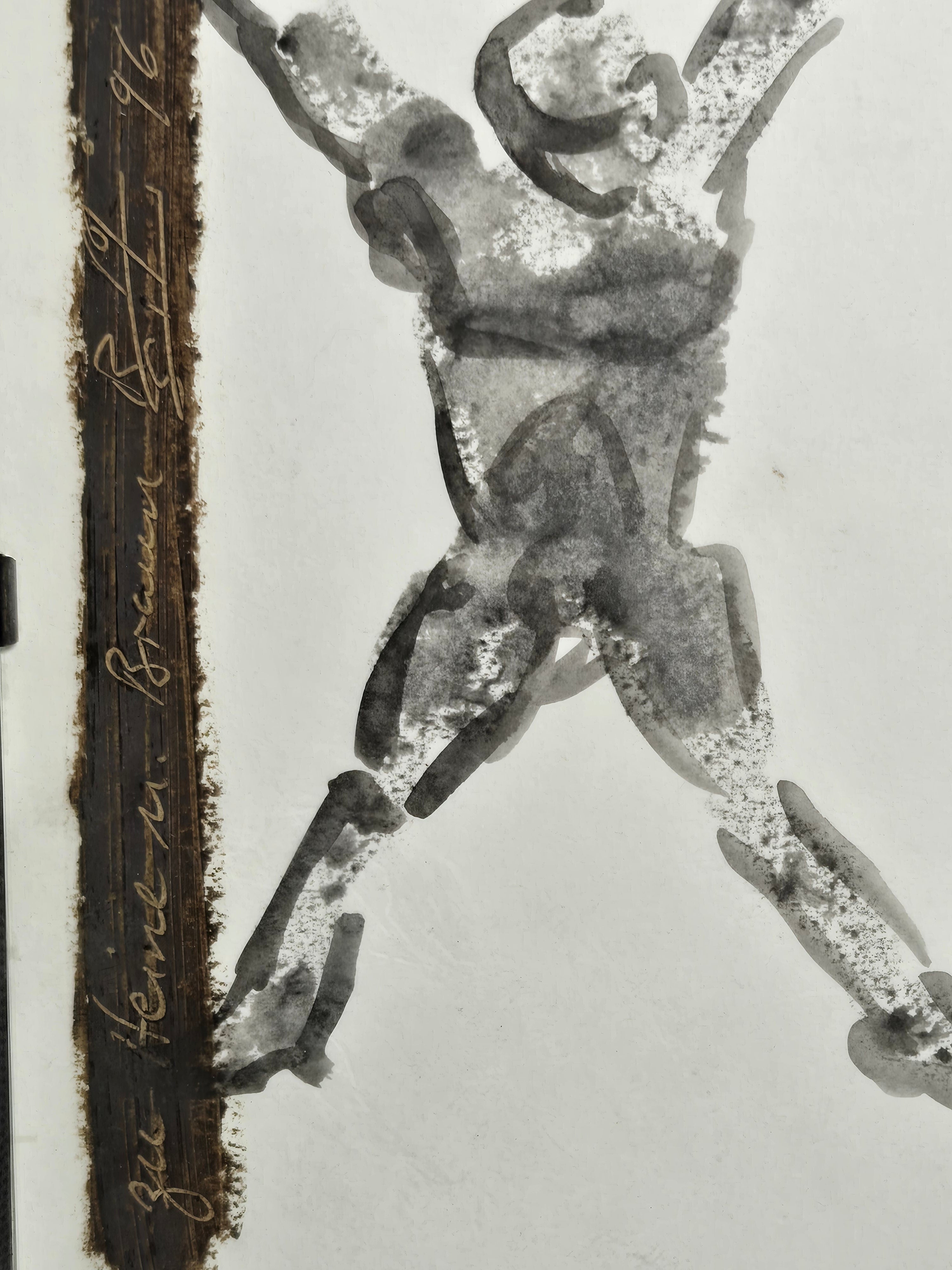 Mischtechnik Springende Figur X-Form Grau-Weiss Dunkler Balken 1996