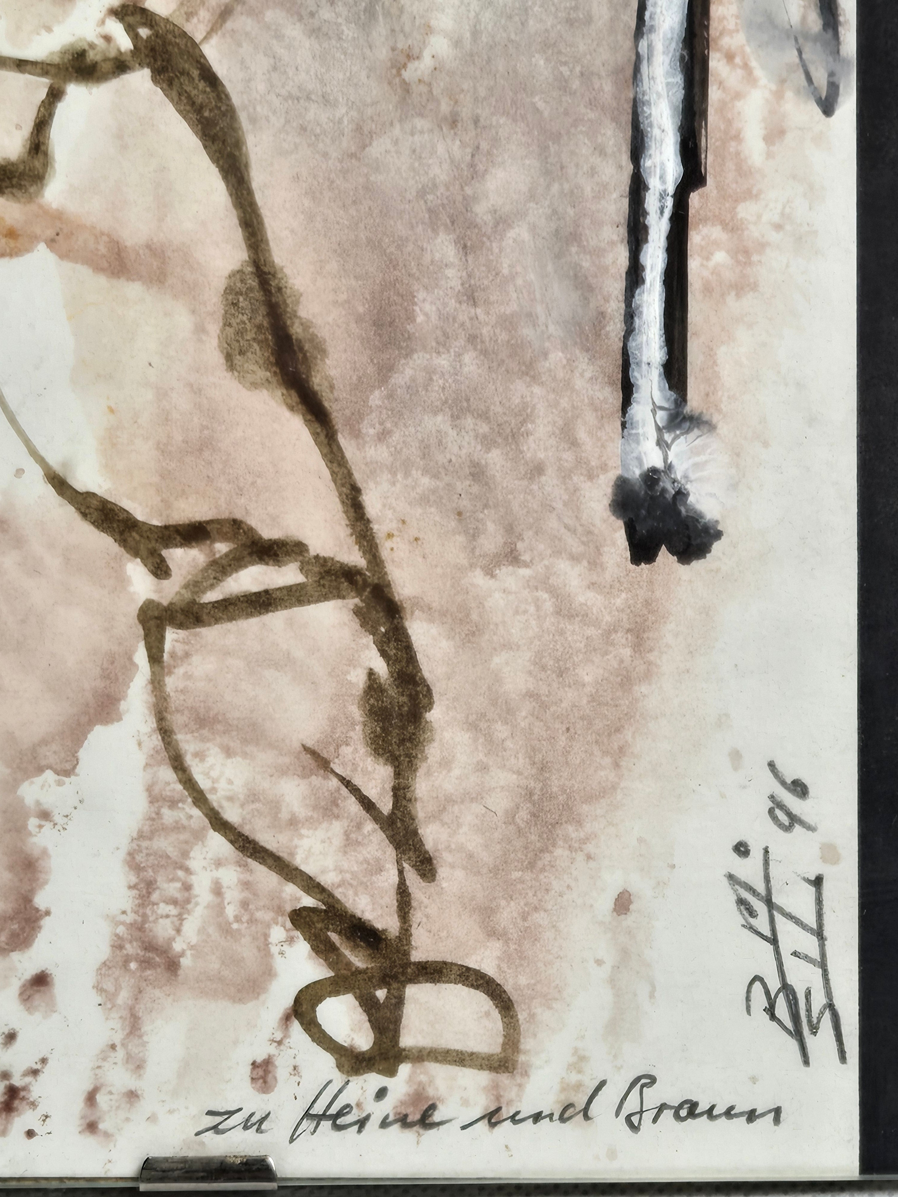 Mischtechnik Männlicher Akt Stehend Tusche-Aquarell Grau-Rosa 1996