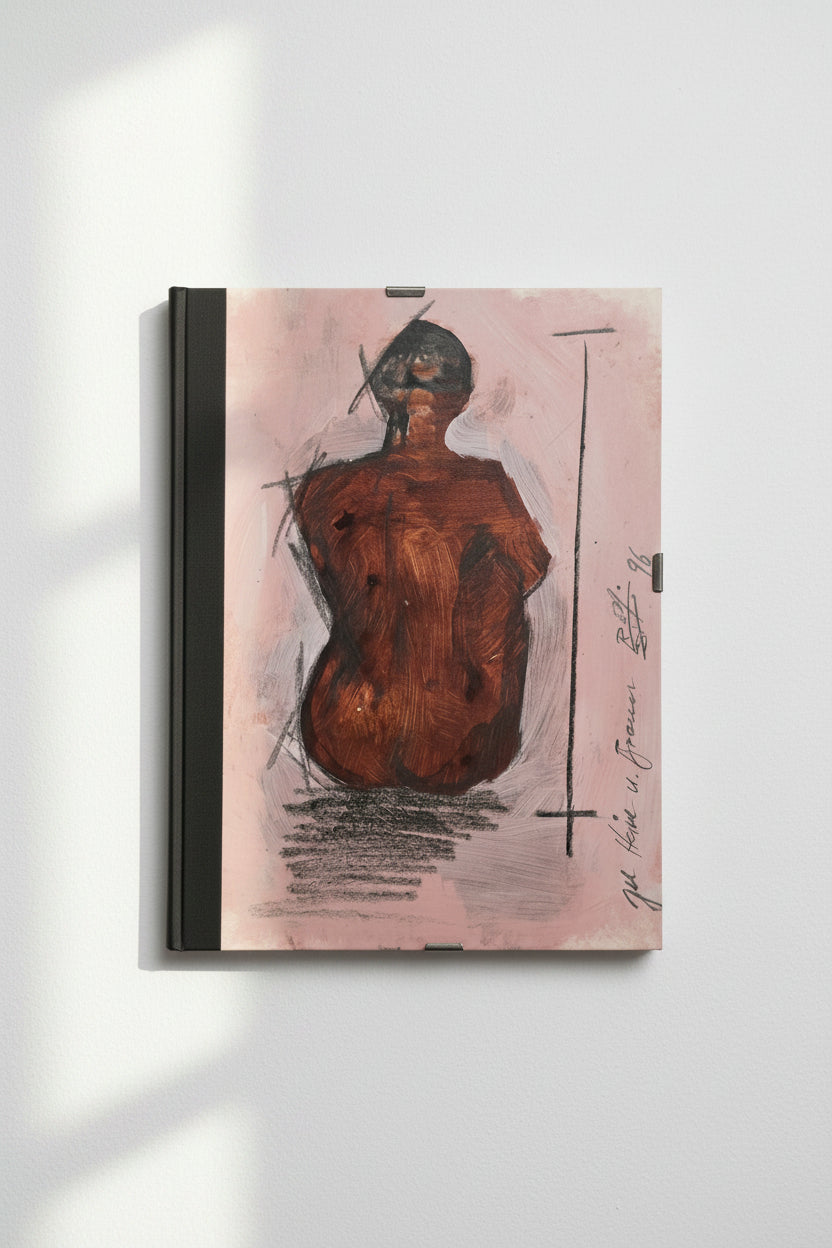 Mischtechnik Weiblicher Rückenakt Rostbraun-Rosa mit Kreuz-Symbolen 1996