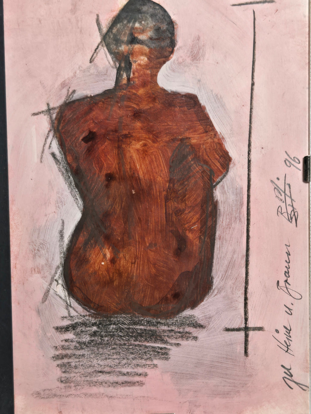 Mischtechnik Weiblicher Rückenakt Rostbraun-Rosa mit Kreuz-Symbolen 1996