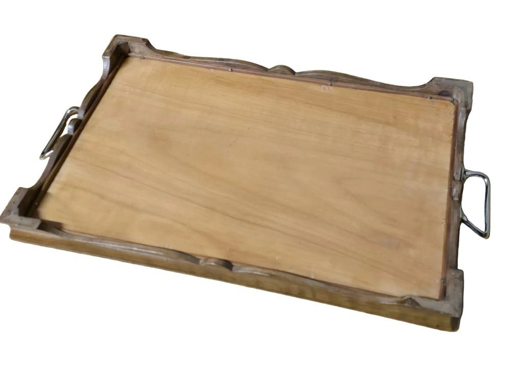 Antikes Holztablett Intarsien Blumenmotiv mit Chromgriffen