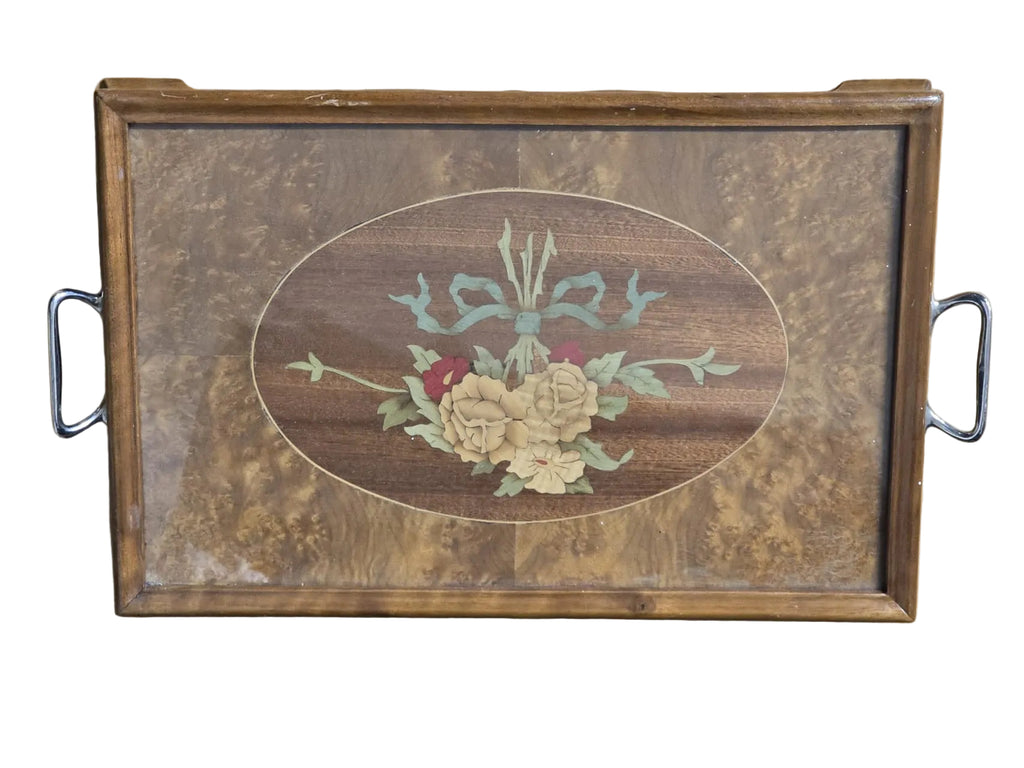 Antikes Holztablett Intarsien Blumenmotiv mit Chromgriffen