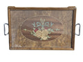 Antikes Holztablett Intarsien Blumenmotiv mit Chromgriffen