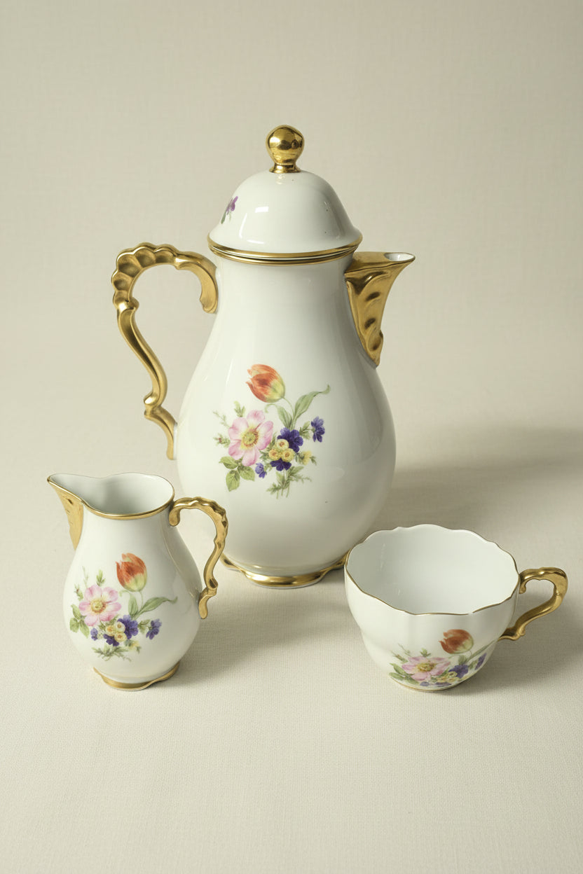 Delinières & Co Limoges Kaffeeservice 3-teilig Blumendekor Gold