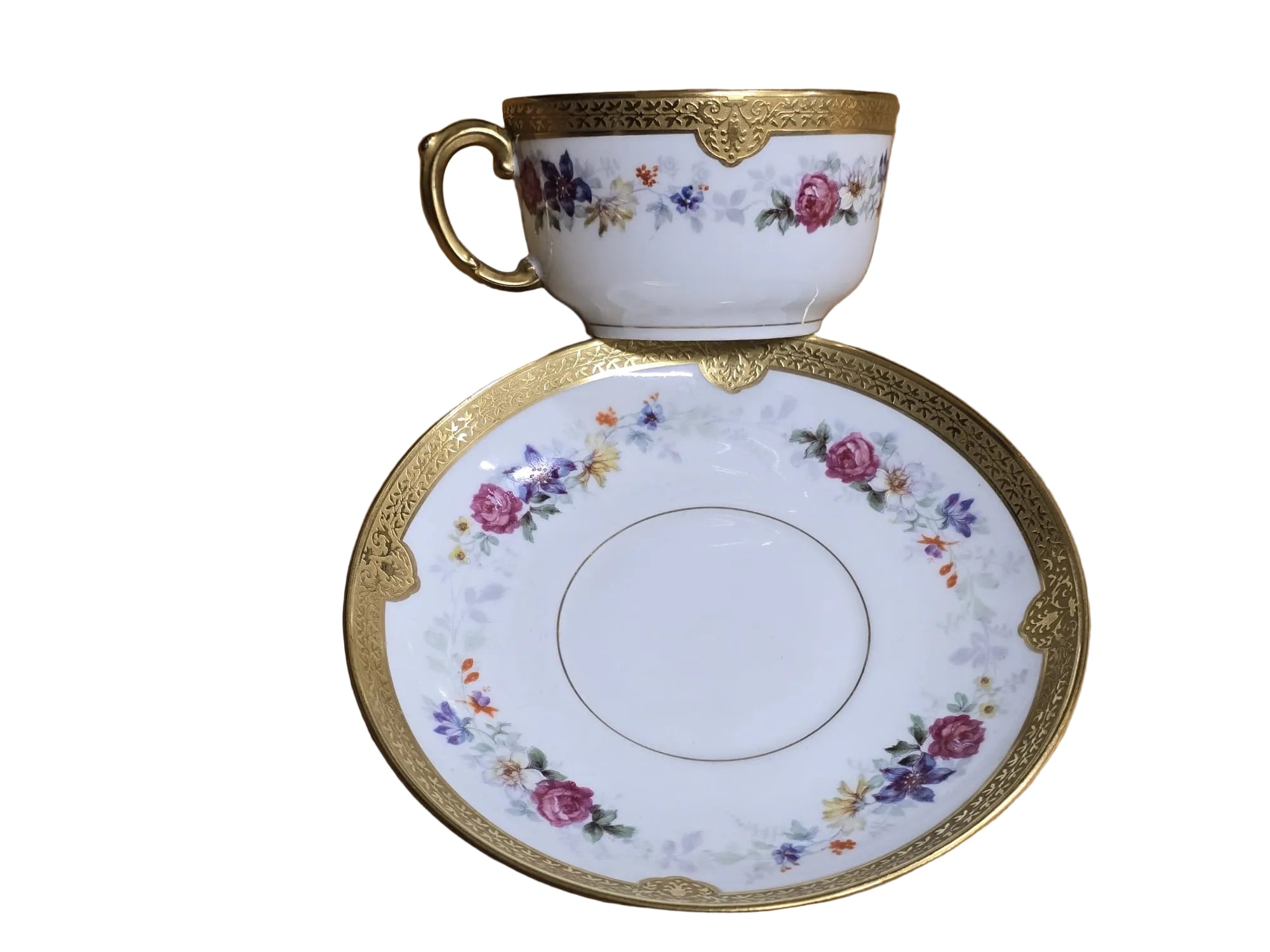 Lindner Kueps Bavaria Tasse mit Untertasse Blumendekor Gold