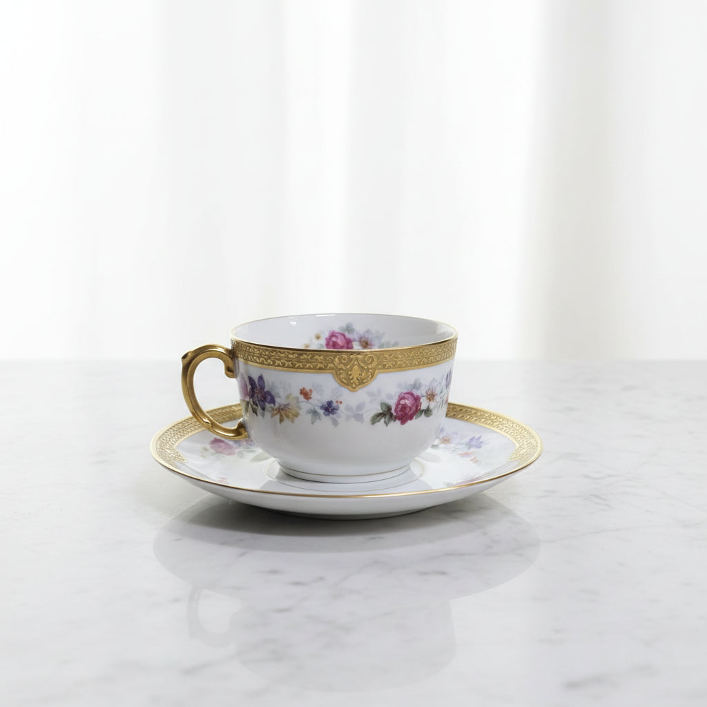 Lindner Kueps Bavaria Tasse mit Untertasse Blumendekor Gold