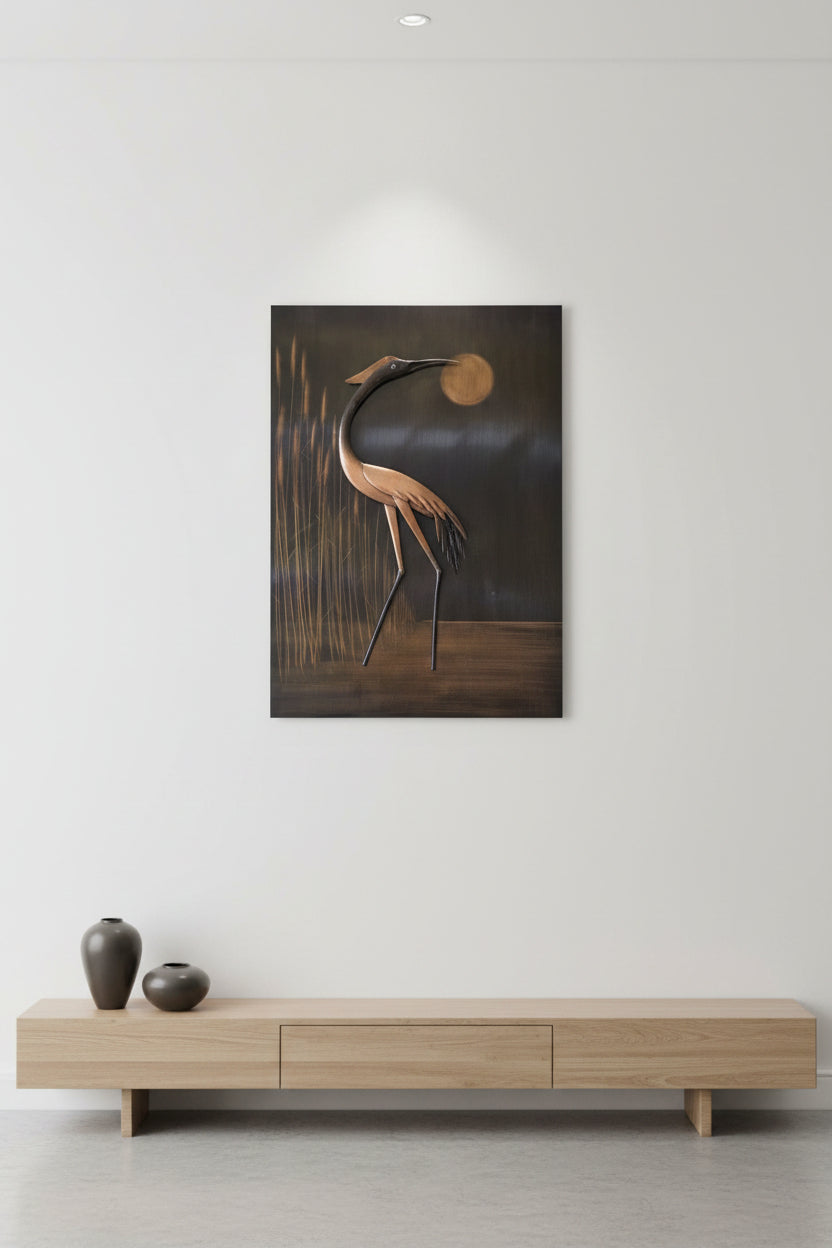 Metallrelief Wandbild Reiher Mid-Century Modern