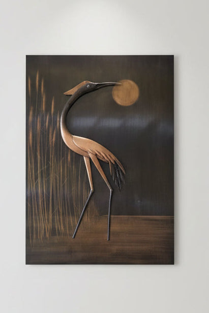 Metallrelief Wandbild Reiher Mid-Century Modern
