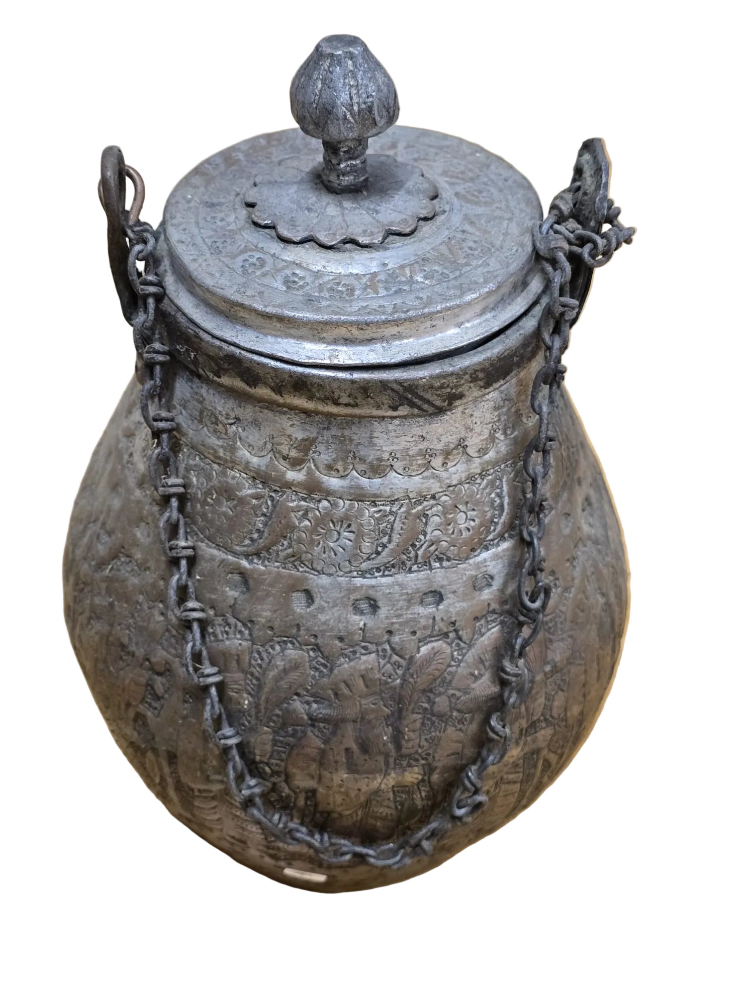 Antikes Orientalisches Metallgefass mit Deckel und Kette