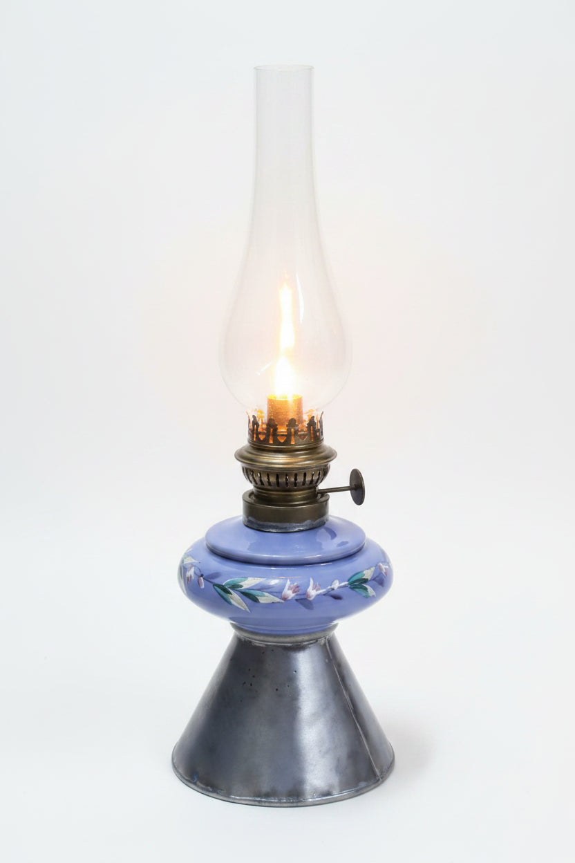 Antike Petroleumlampe Blau Porzellan Blumendekor