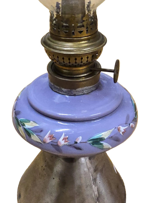 Antike Petroleumlampe Blau Porzellan Blumendekor