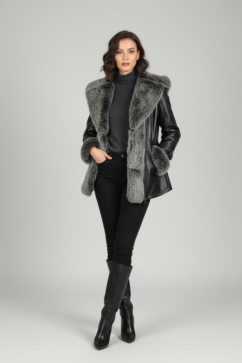 Softy Collection Lederjacke mit Pelzbesatz — Schwarz/Silber Gr. S