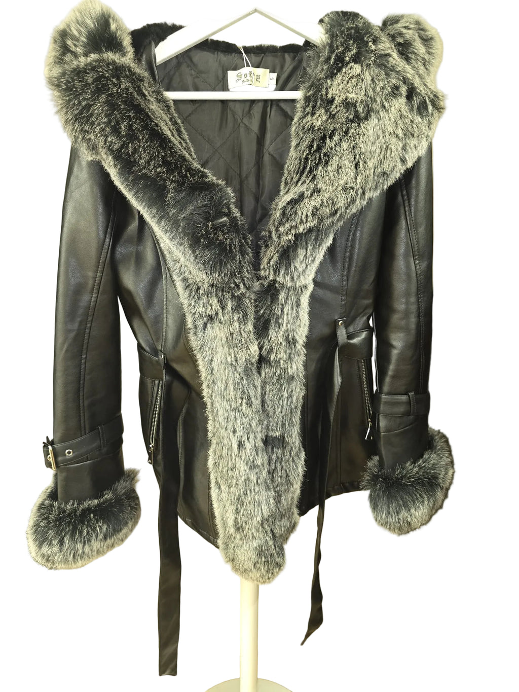 Softy Collection Lederjacke mit Pelzbesatz — Schwarz/Silber Gr. S