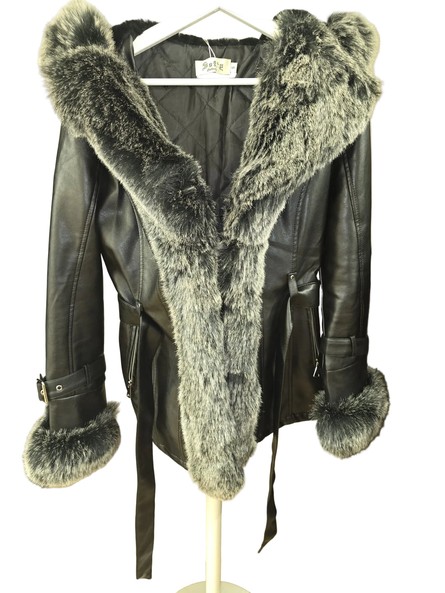 Softy Collection Lederjacke mit Pelzbesatz — Schwarz/Silber Gr. S