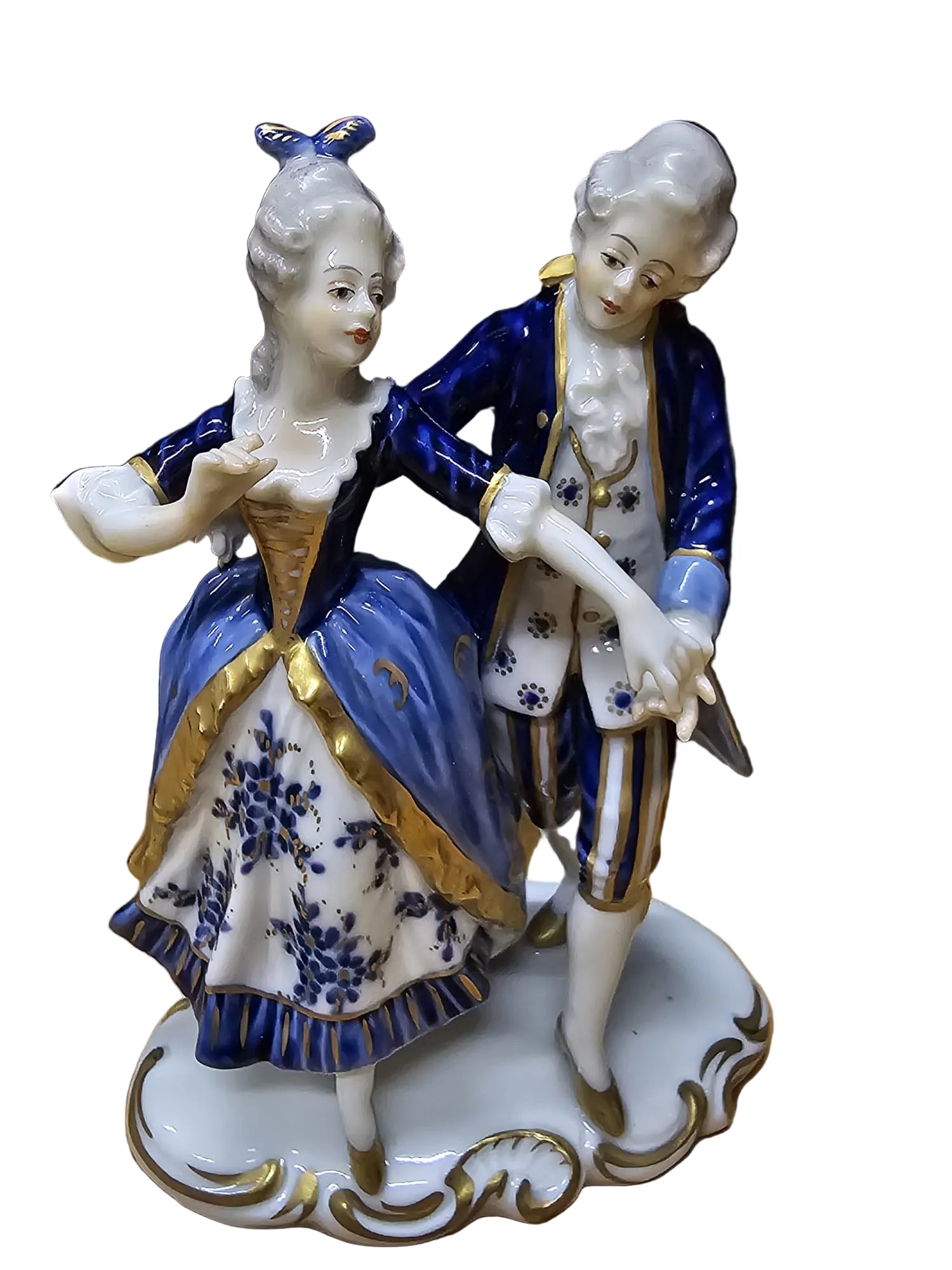 Volkstedt Porzellan — Galantes Paar Rokoko Blau-Gold