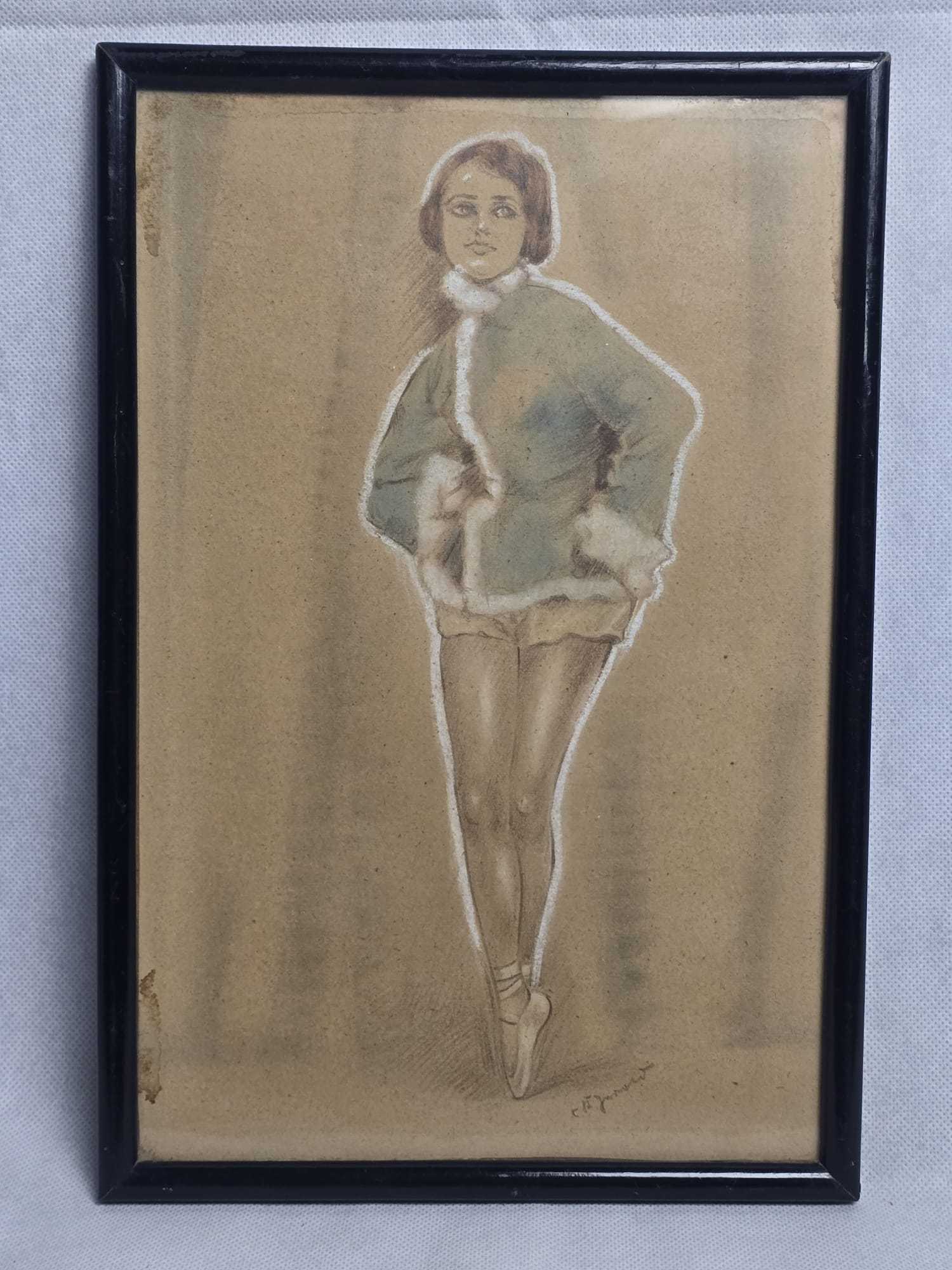 Vintage Ballerina Zeichnung im Rahmen – Signiert – 1924 – Handgemaltes Portrait