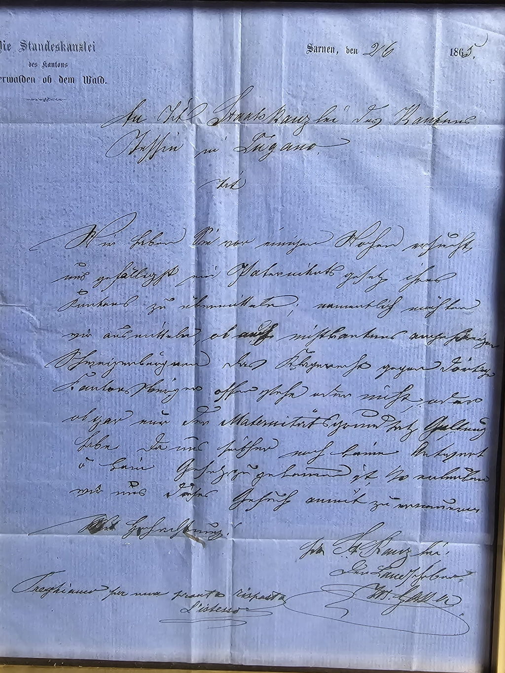 Standeskanzlei Obwalden Sarnen Originalbrief Lugano 1865