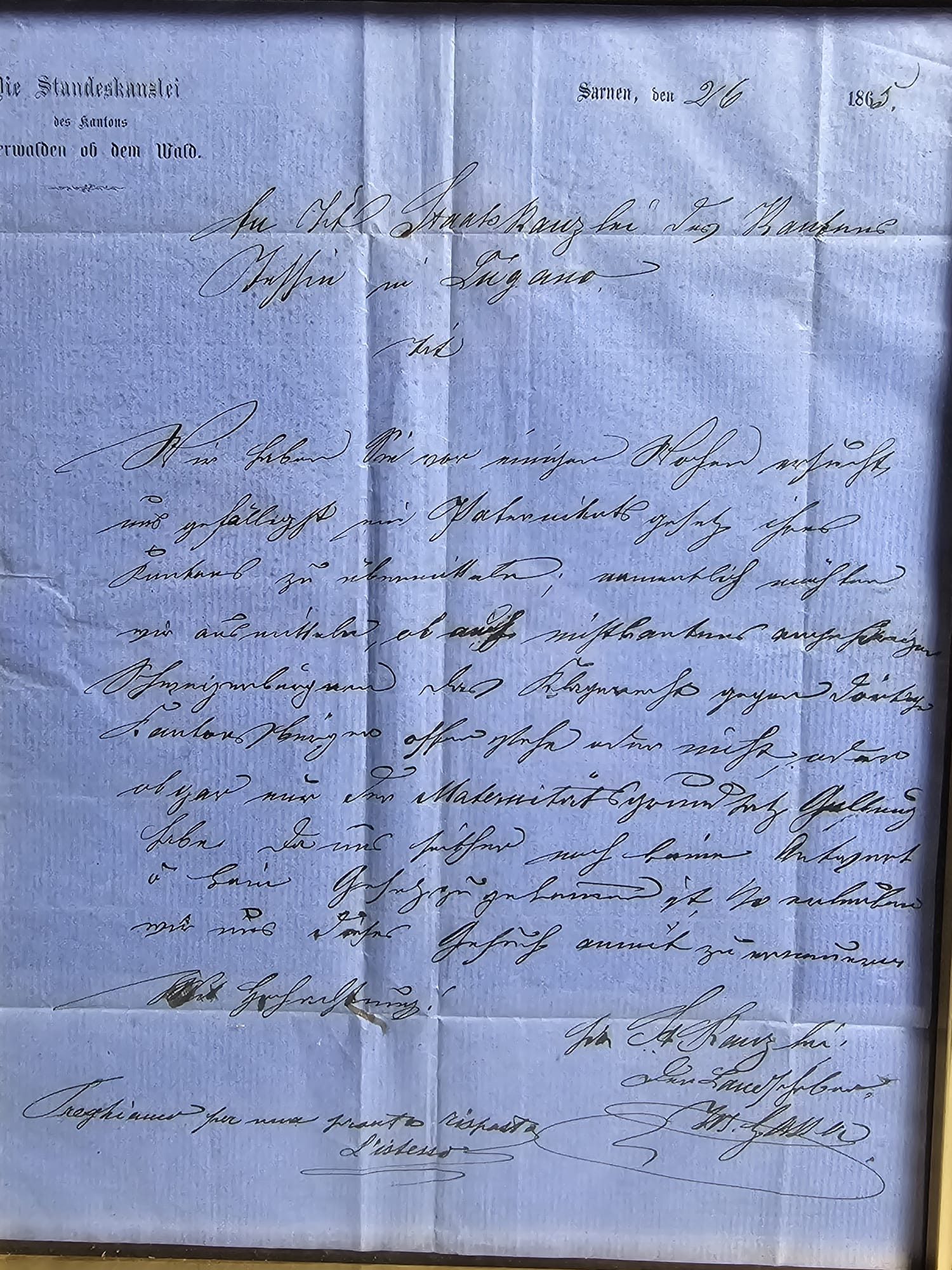 Standeskanzlei Obwalden Sarnen Originalbrief Lugano 1865