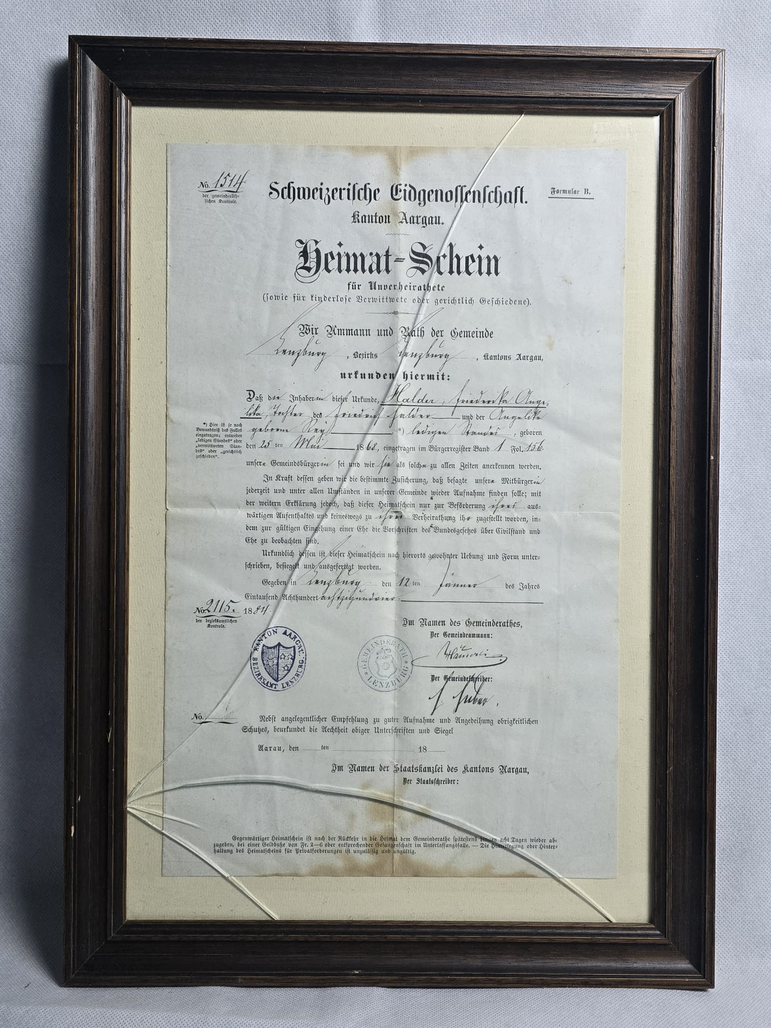 Heimatschein Kanton Aargau Lenzburg Halder 1884