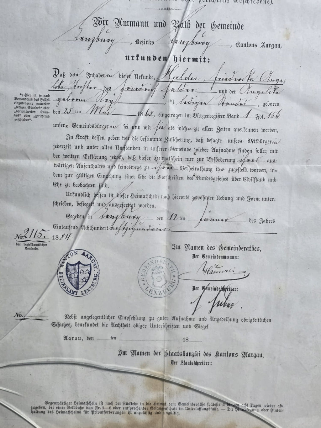Heimatschein Kanton Aargau Lenzburg Halder 1884
