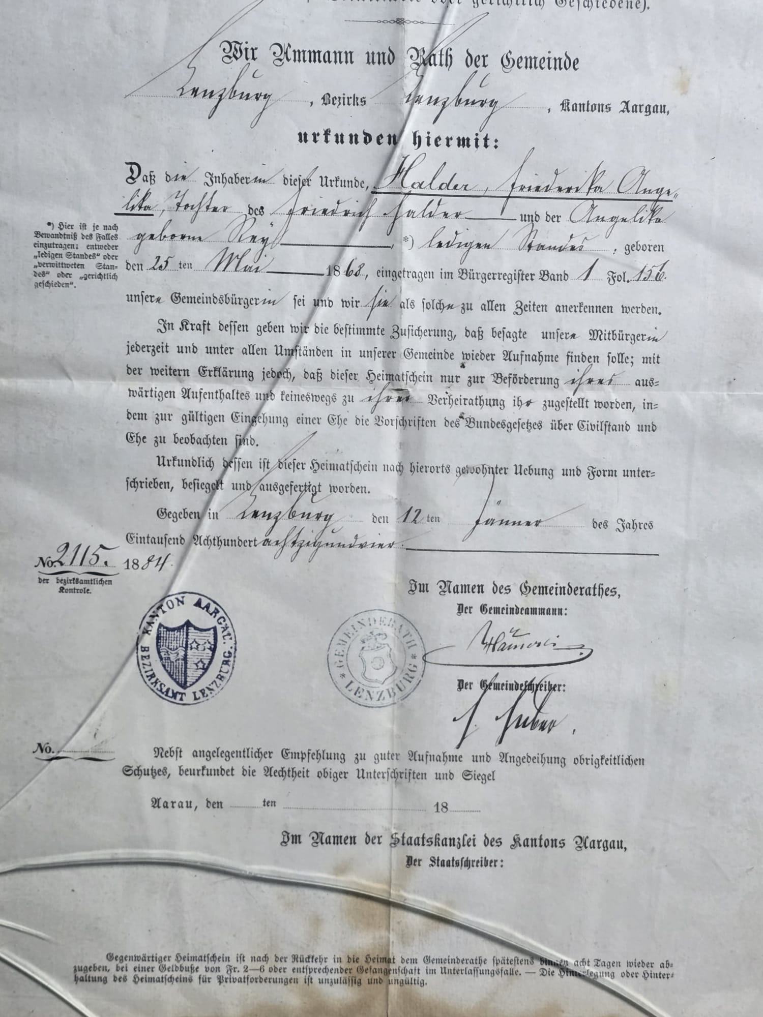 Heimatschein Kanton Aargau Lenzburg Halder 1884