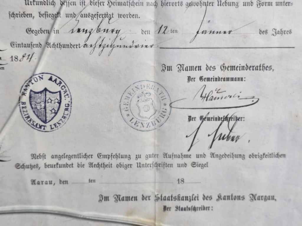 Heimatschein Kanton Aargau Lenzburg Halder 1884