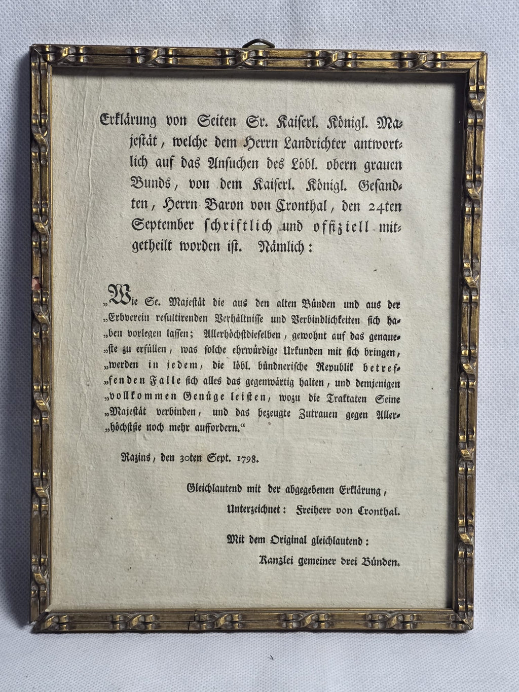 Kaiserliche Erklärung Graubünden Freiherr von Cronthal Razins 1798