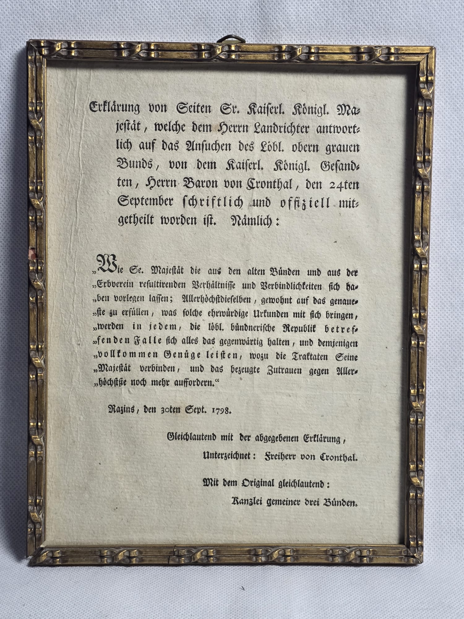 Kaiserliche Erklärung Graubünden Freiherr von Cronthal Razins 1798