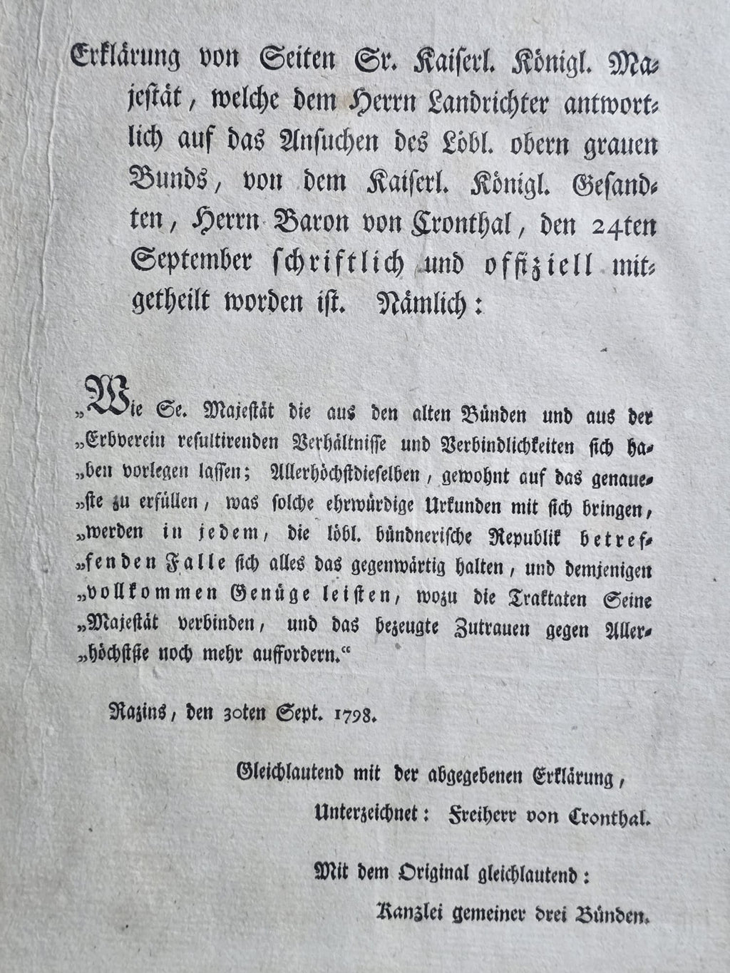 Kaiserliche Erklärung Graubünden Freiherr von Cronthal Razins 1798