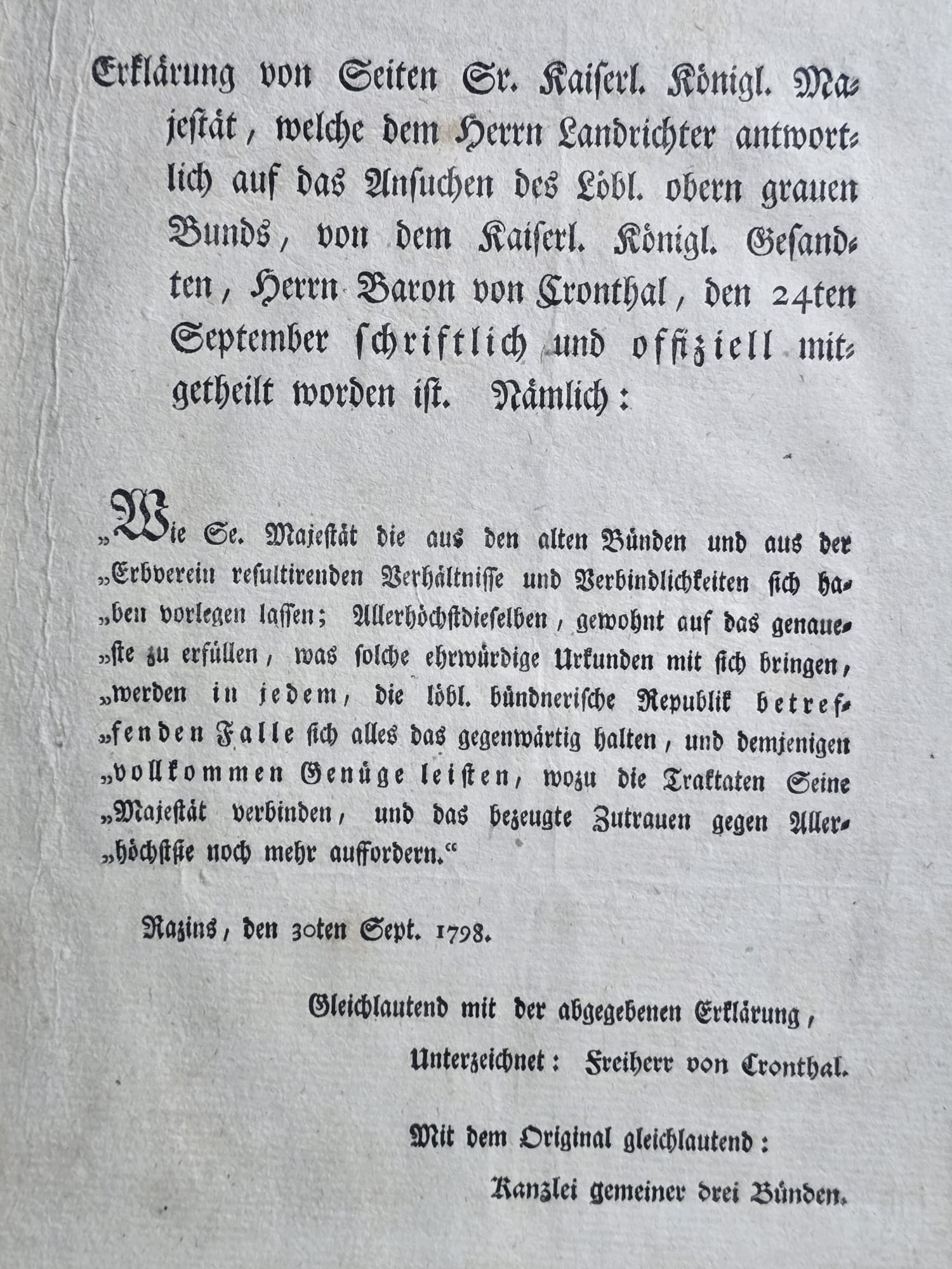 Kaiserliche Erklärung Graubünden Freiherr von Cronthal Razins 1798