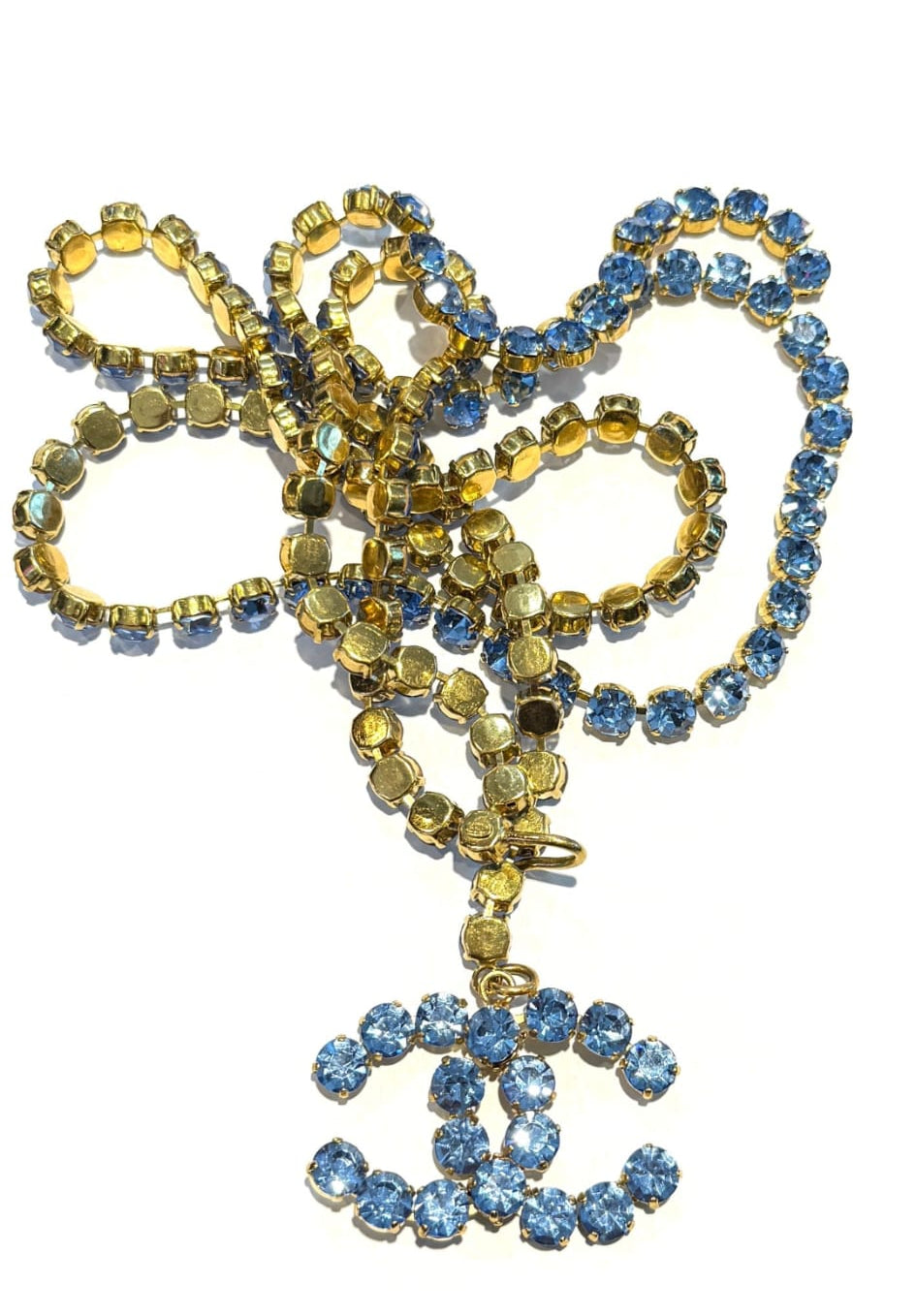 Chanel Vintage 95P "Barbie" Strass Taillenkette Blau-Gold 100cm