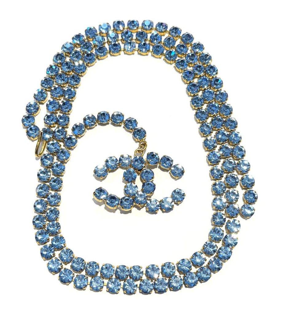 Chanel Vintage 95P "Barbie" Strass Taillenkette Blau-Gold 100cm