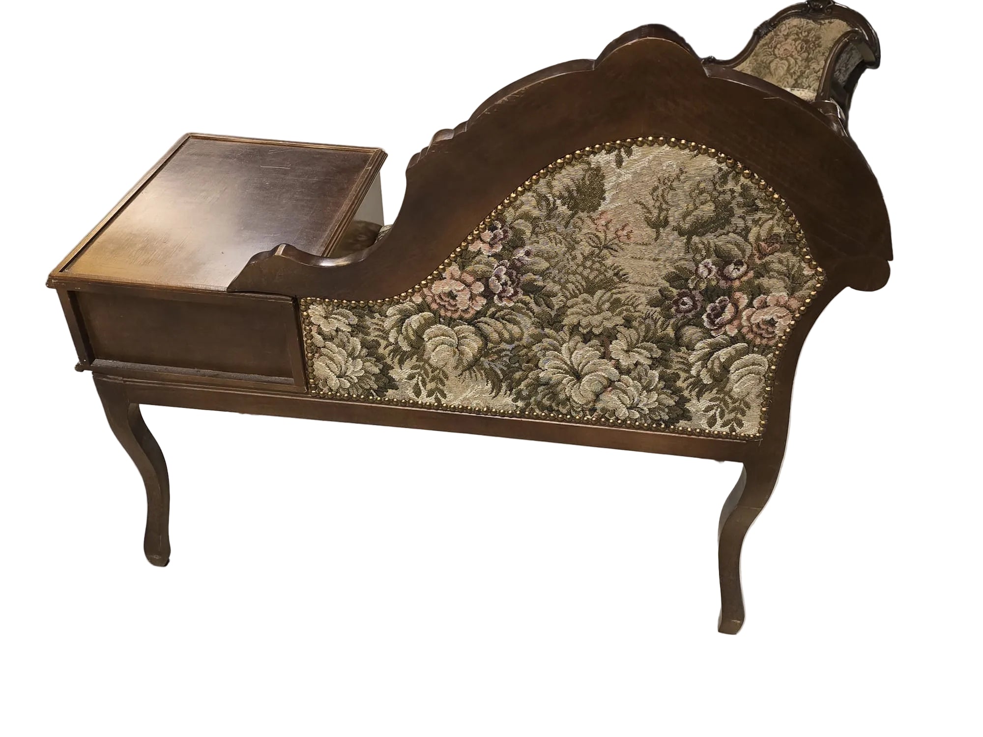 Antike Telefon-Sitzbank Jugendstil Nussbaum Gobelinstoff — mit Schublade