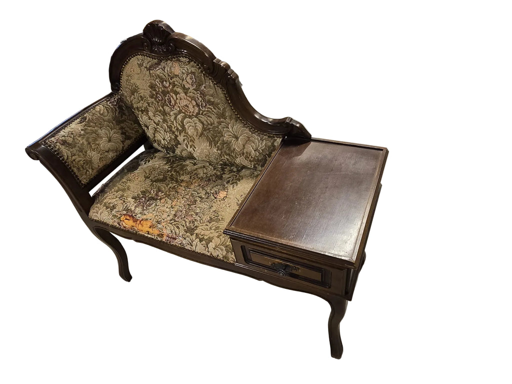 Antike Telefon-Sitzbank Jugendstil Nussbaum Gobelinstoff — mit Schublade