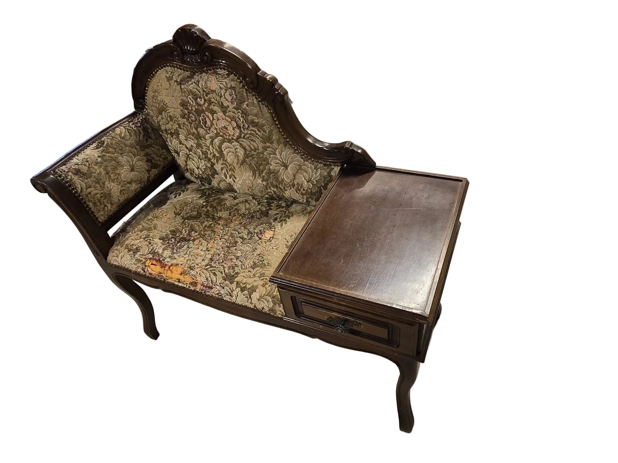 Antike Telefon-Sitzbank Jugendstil Nussbaum Gobelinstoff — mit Schublade