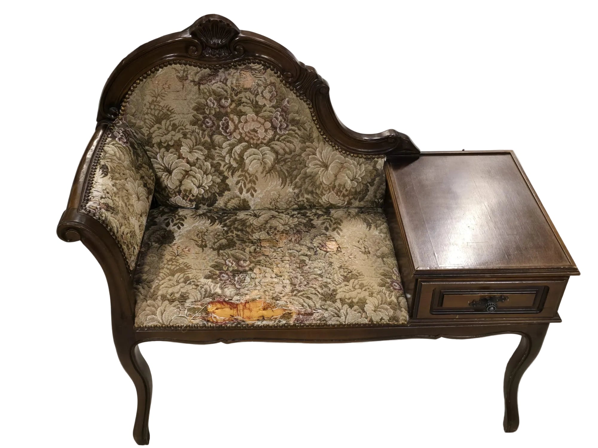 Antike Telefon-Sitzbank Jugendstil Nussbaum Gobelinstoff — mit Schublade
