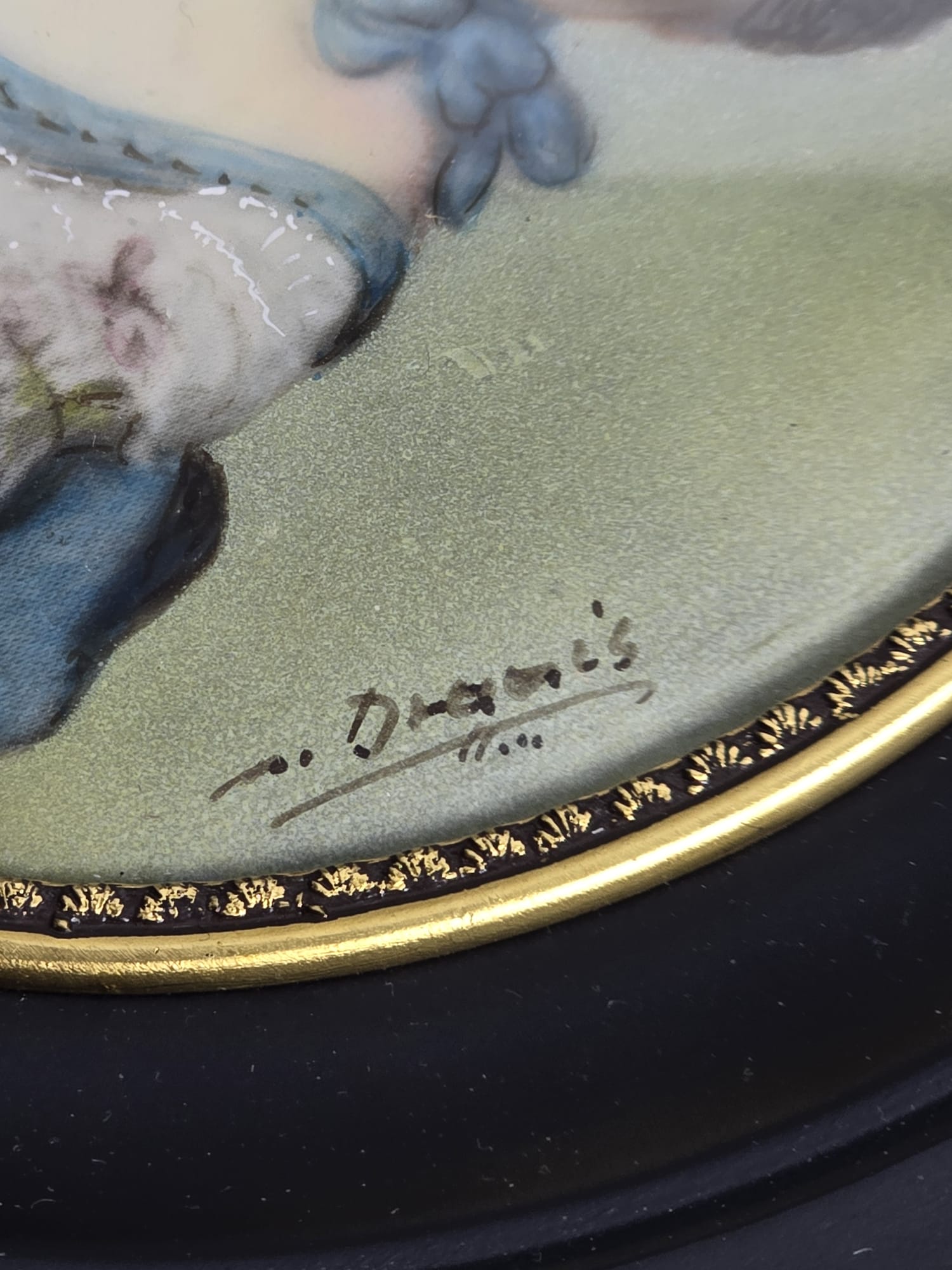 Porträtminiatur Dame mit Katze — Rokoko Stil Elfenbein Gouache Signiert