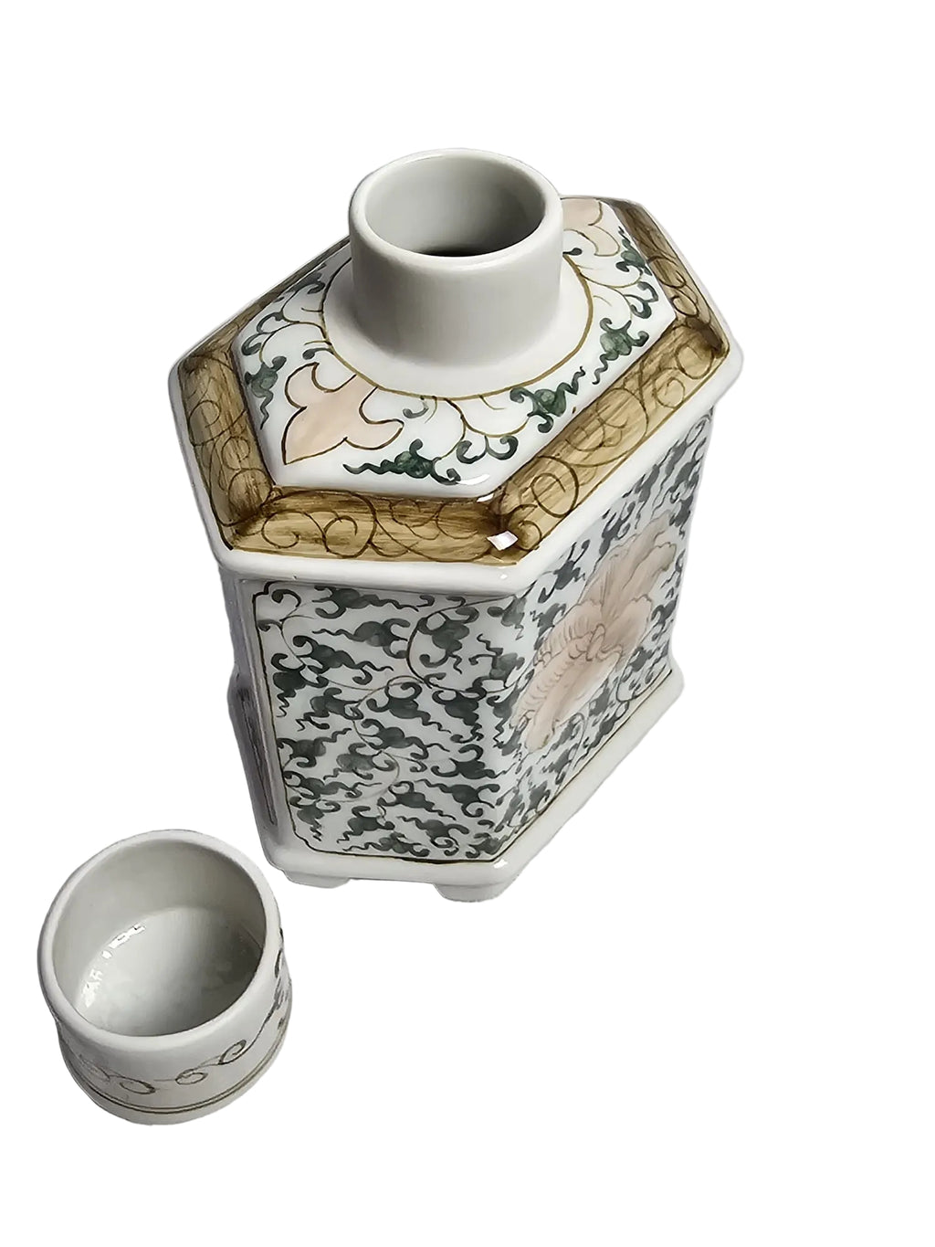 Porzellan Teedose Sechseckig Handgemalt Thailand — Grün-Gold Lotusdekor mit Deckel