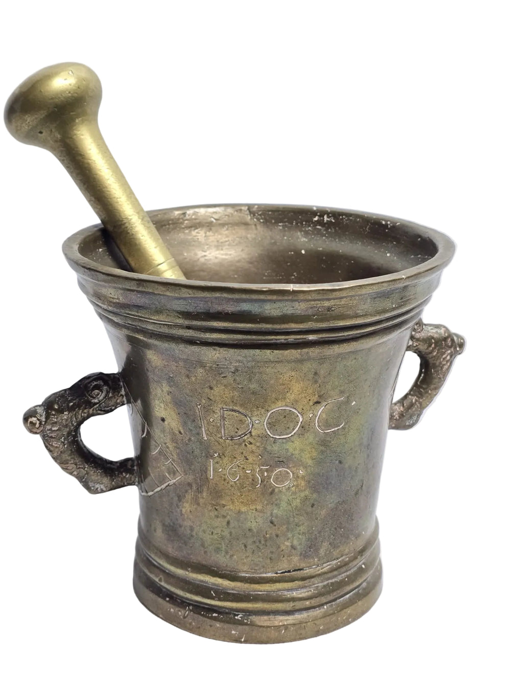 Antiker Apothekermörser Bronze mit Stössel — Datiert 1650 — Initialen I.D.O.C.