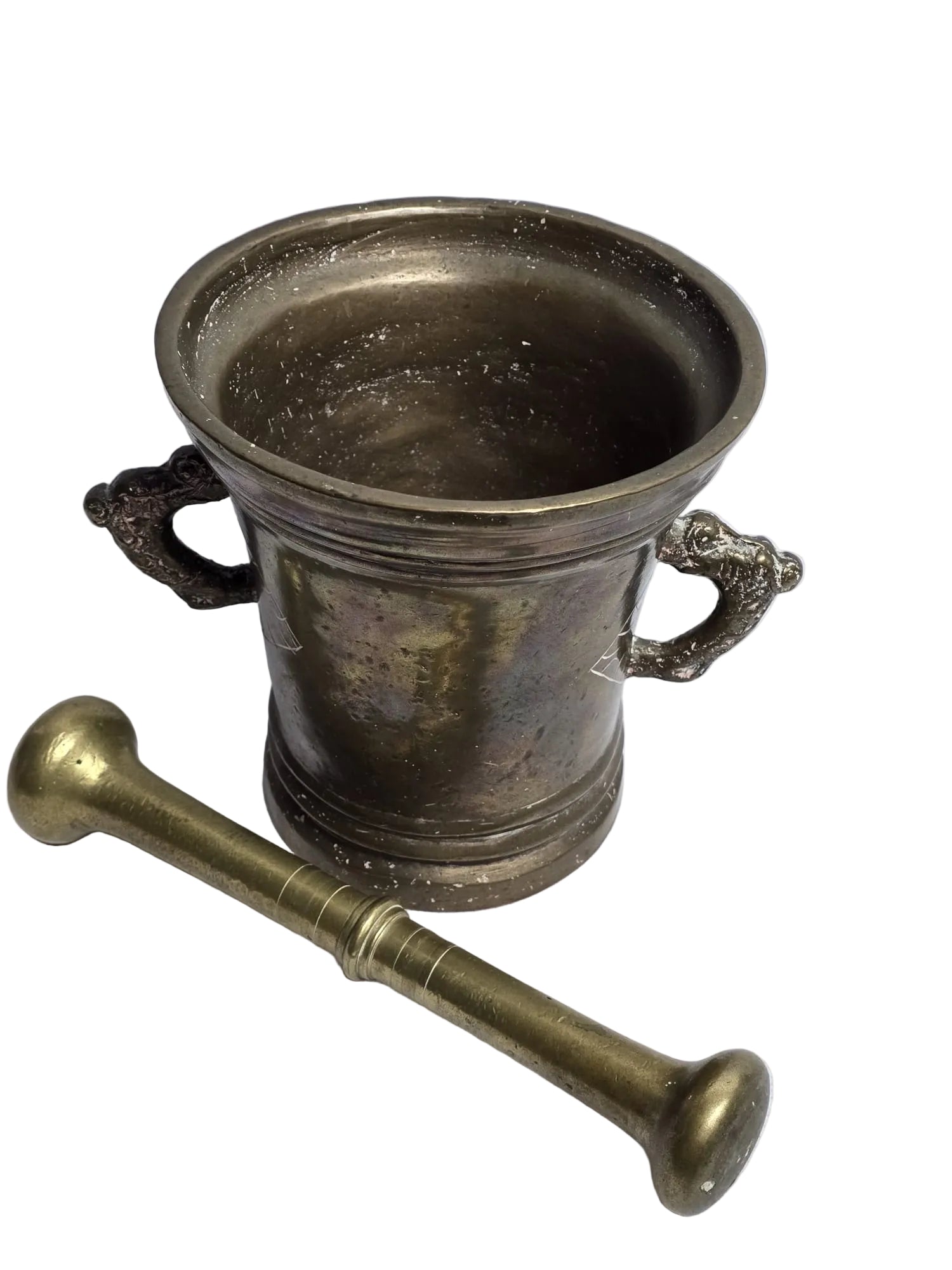 Antiker Apothekermörser Bronze mit Stössel — Datiert 1650 — Initialen I.D.O.C.