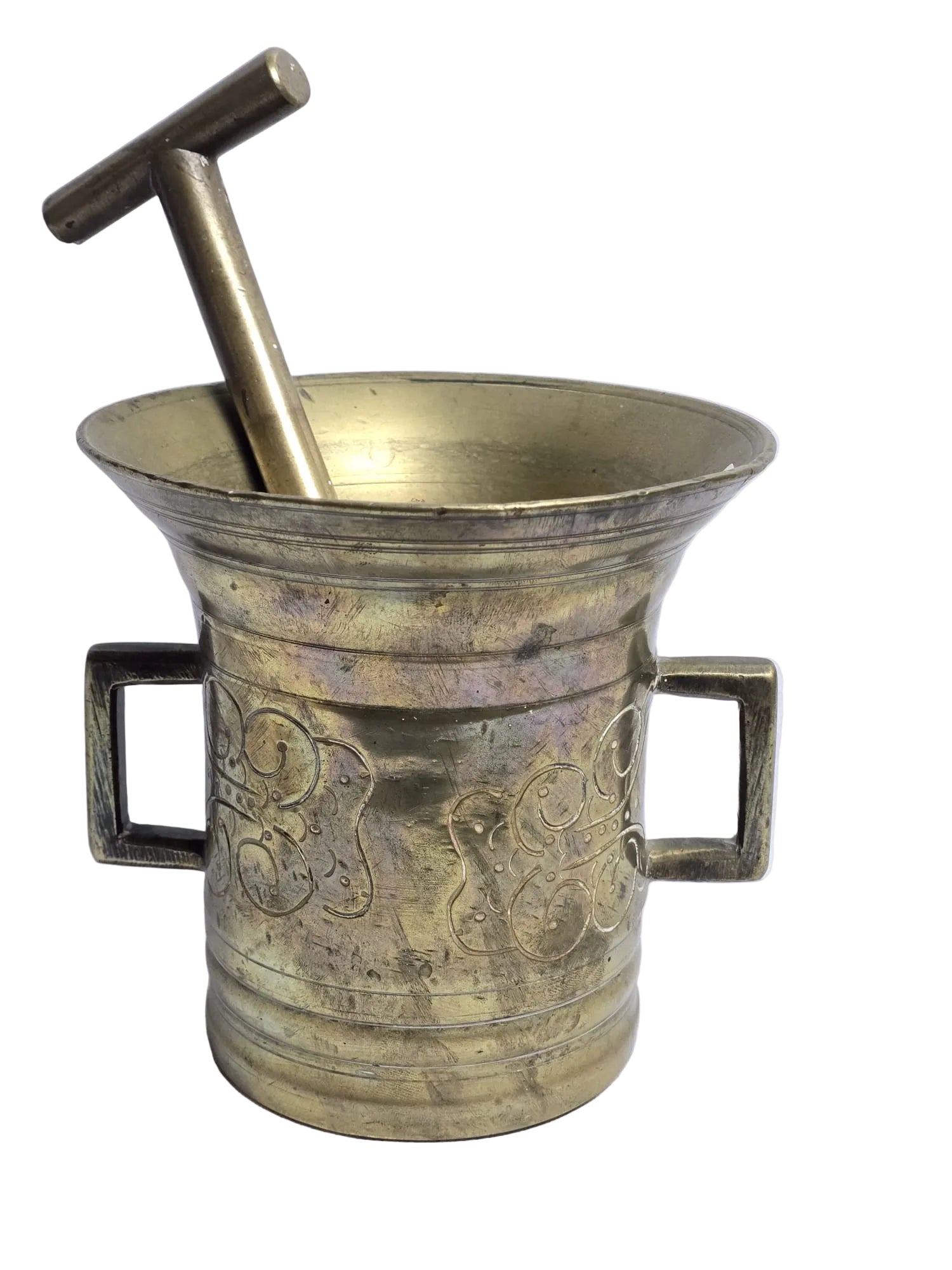 Antiker Apothekermörser Bronze mit Stössel — Barock Ornamentik Rechteckgriffe