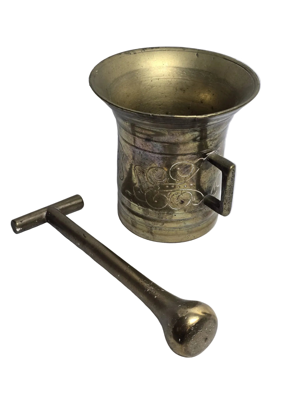 Antiker Apothekermörser Bronze mit Stössel — Barock Ornamentik Rechteckgriffe